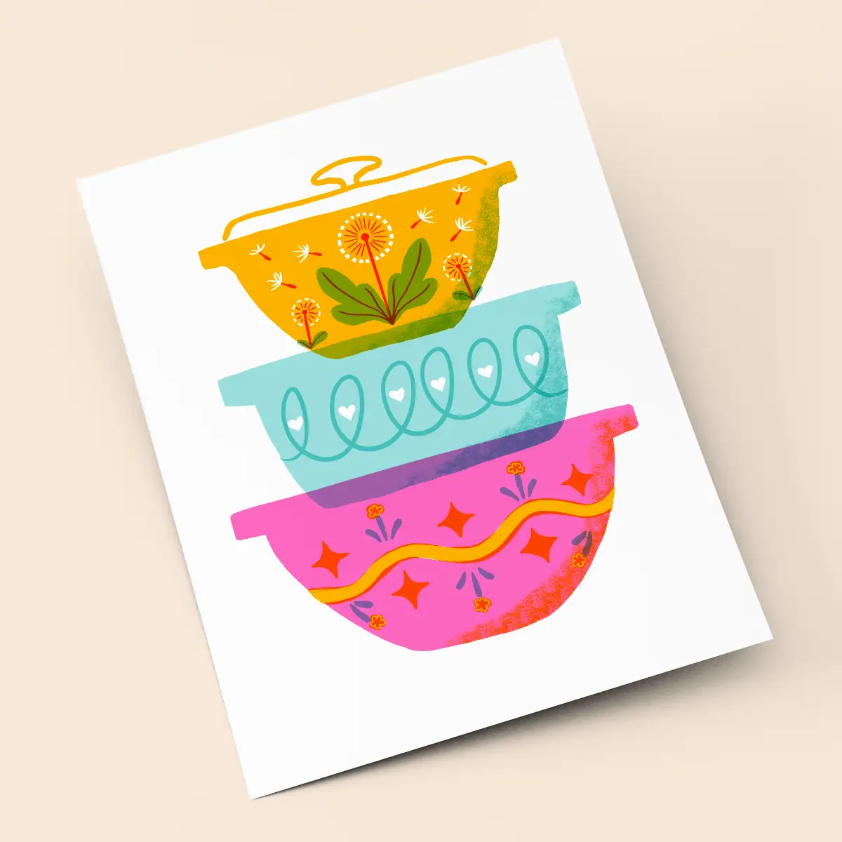 Vintage Mixing Bowls Risograph Art Print (8.5x11")