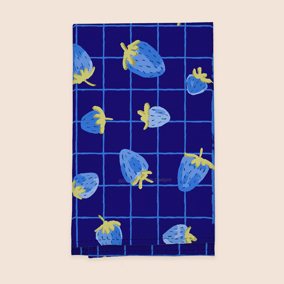 Handdrawn Blue Strawberries 100% French Linen Kitchen Tea Towel (Windowpane pattern)