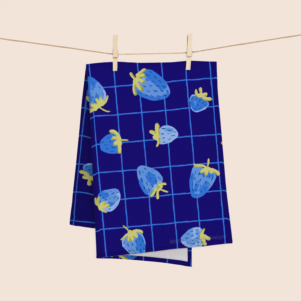 Handdrawn Blue Strawberries 100% French Linen Kitchen Tea Towel (Windowpane pattern)