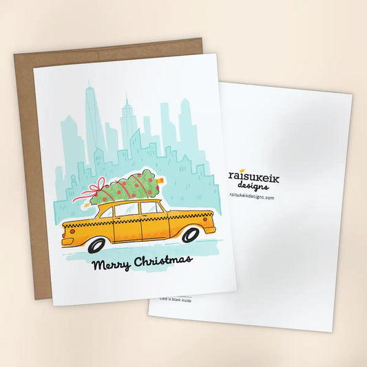 Vintage NYC Merry Christmas Cab Risograph Greeting Card