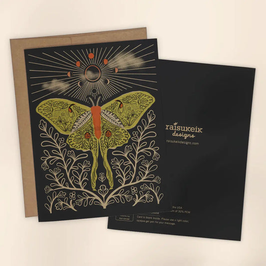 Black & Metallic Gold Celestial Luna Moth Risograph Greeting Card