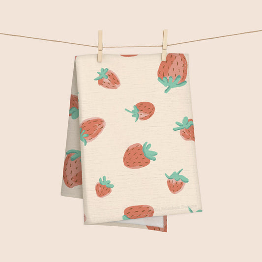 Handdrawn Strawberries 100% French Linen Kitchen Tea Towel (Cream)