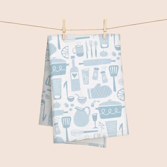 Mid-Century Kitchenware 100% French Linen Kitchen Tea Towel (Blue + White)